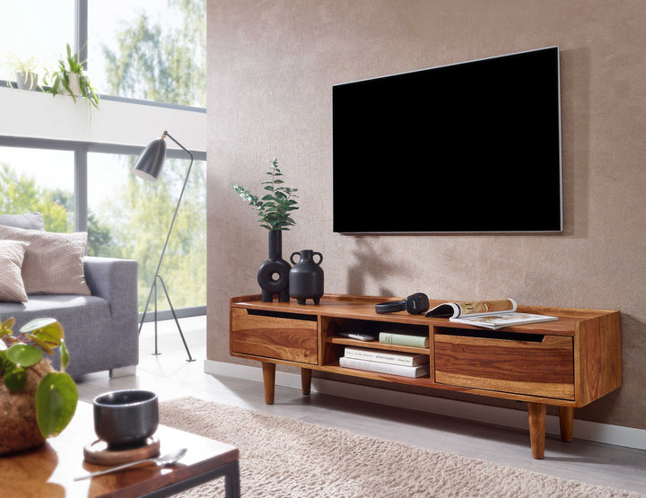 Massivholz-Lowboard für 60-Zoll TV_ Sheesham_ Stauraum_ Schutzlackversiegelung - KADIMA DESIGN_Größe_ 145x35x43 cm_