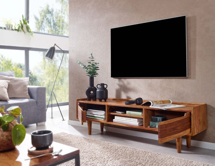 Massivholz-Lowboard für 60-Zoll TV_ Sheesham_ Stauraum_ Schutzlackversiegelung - KADIMA DESIGN_Größe_ 145x35x43 cm_