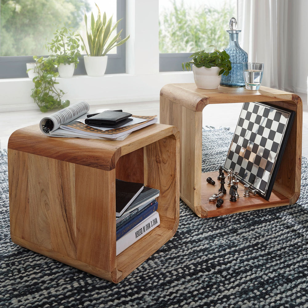 Moderne Akazie Satztische 2er Set_ Massivholz - Vielseitig &amp; Handgefertigt - KADIMA DESIGN_Größe_ 43x36x43 cm_