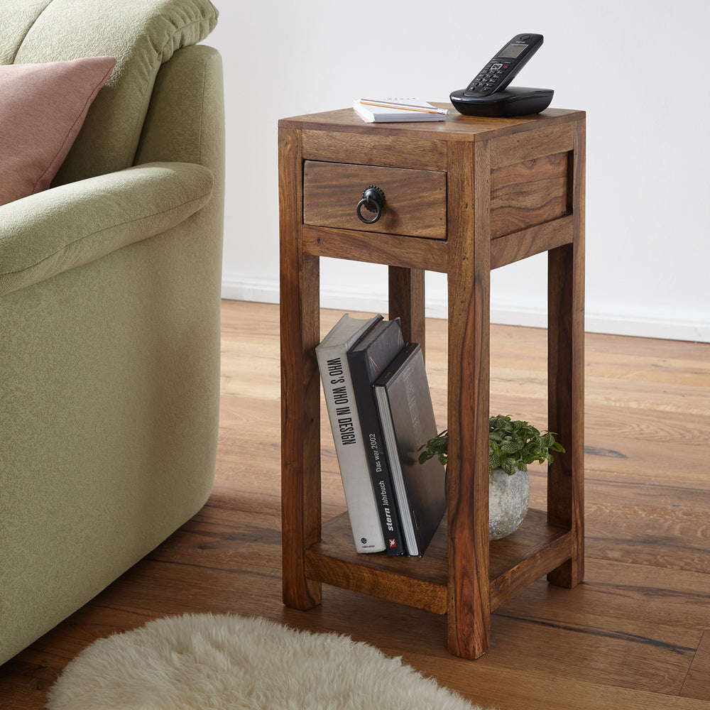 Massivholz Beistelltisch Sheesham_ 30x30x68cm_ mit Ablage und Schublade - Handgefertigt - KADIMA DESIGN_Größe_ 30x30x68 cm_