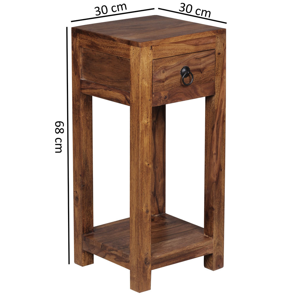 Massivholz Beistelltisch Sheesham_ 30x30x68cm_ mit Ablage und Schublade - Handgefertigt - KADIMA DESIGN_Größe_ 30x30x68 cm_
