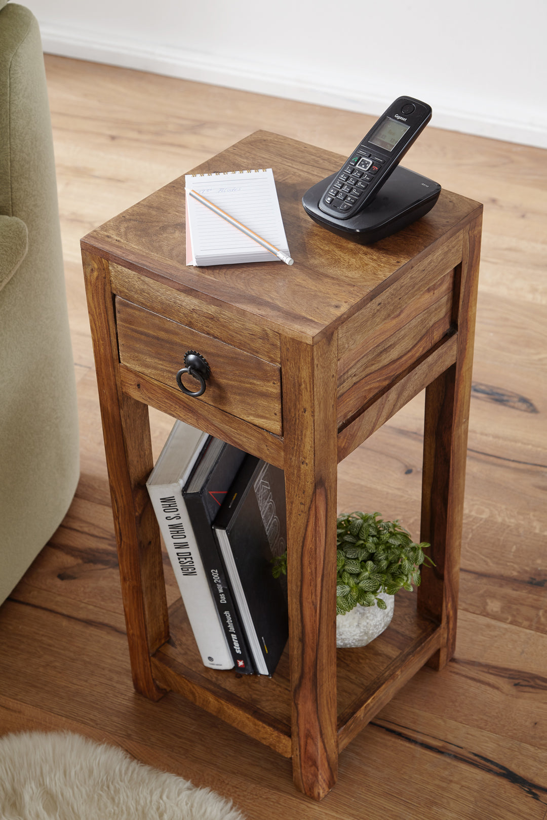 Massivholz Beistelltisch Sheesham_ 30x30x68cm_ mit Ablage und Schublade - Handgefertigt - KADIMA DESIGN_Größe_ 30x30x68 cm_