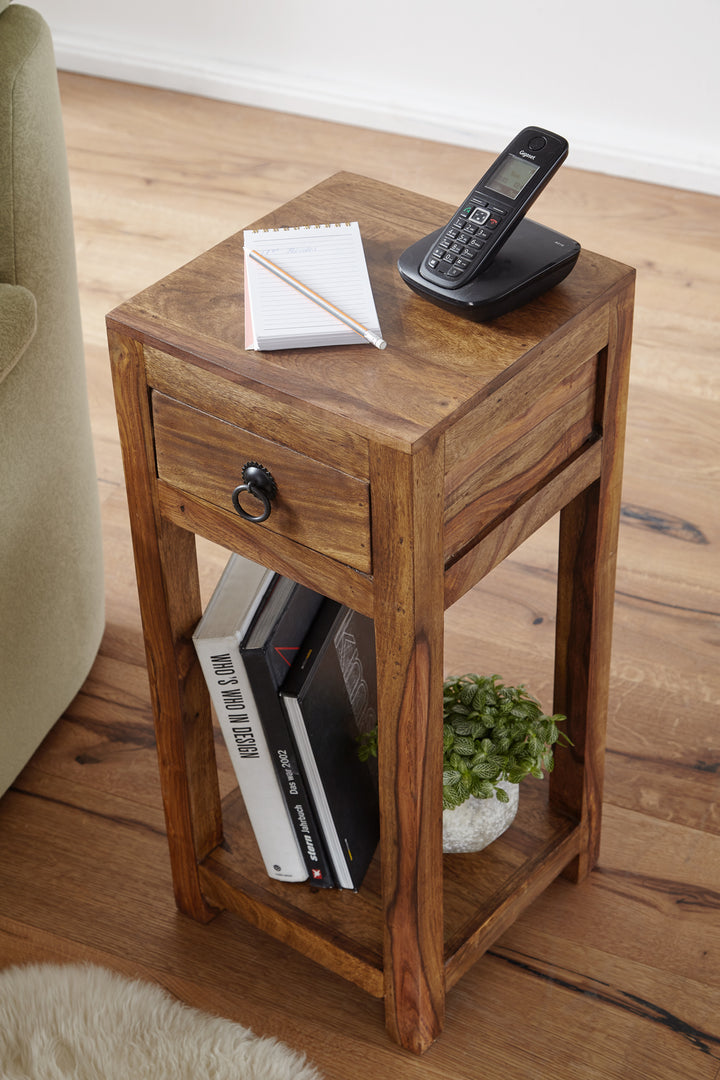 Massivholz Beistelltisch Sheesham_ 30x30x68cm_ mit Ablage und Schublade - Handgefertigt - KADIMA DESIGN_Größe_ 30x30x68 cm_