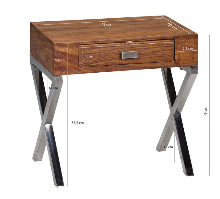 Sheesham-Holz Nachtkonsole_ Landhausmöbel mit Chrombeinen - Stilvoll &amp;amp; Vielseitig - KADIMA DESIGN_Größe_ 45x45x50 cm_
