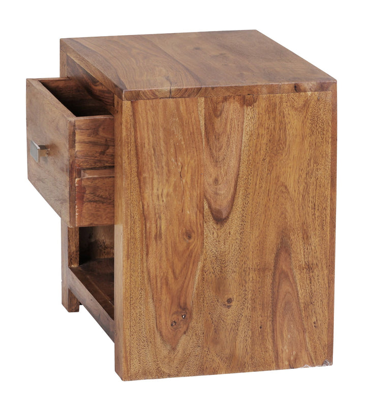 Rustikale Landhaus-Nachtkonsole aus massivem Sheesham-Holz_ mit Ablagefläche und Schublade_ eleganter chromfarbener Griff - KADIMA DESIGN_Größe_ 40x30x40 cm_