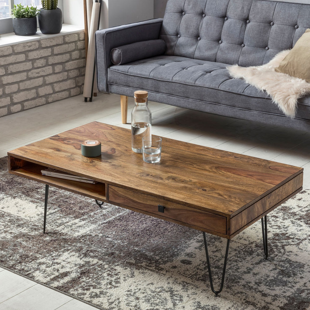 Couchtisch BALU mit Schubfächern_ 120x60x43 cm_ Sheesham Massivholz_ Metallfüße_ leichter Aufbau - KADIMA DESIGN_Farbe_ Braun_ Größe_ 110x60x40 cm_