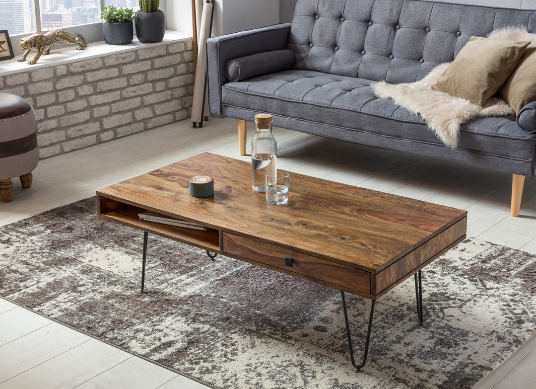Couchtisch BALU mit Schubfächern_ 120x60x43 cm_ Sheesham Massivholz_ Metallfüße_ leichter Aufbau - KADIMA DESIGN_Farbe_ Braun_ Größe_ 110x60x40 cm_