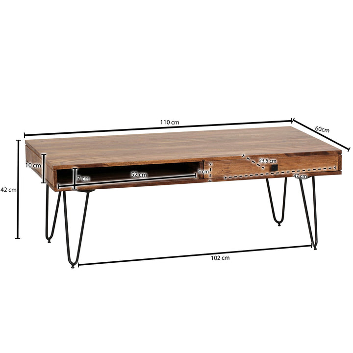 Couchtisch BALU mit Schubfächern_ 120x60x43 cm_ Sheesham Massivholz_ Metallfüße_ leichter Aufbau - KADIMA DESIGN_Farbe_ Braun_ Größe_ 110x60x40 cm_
