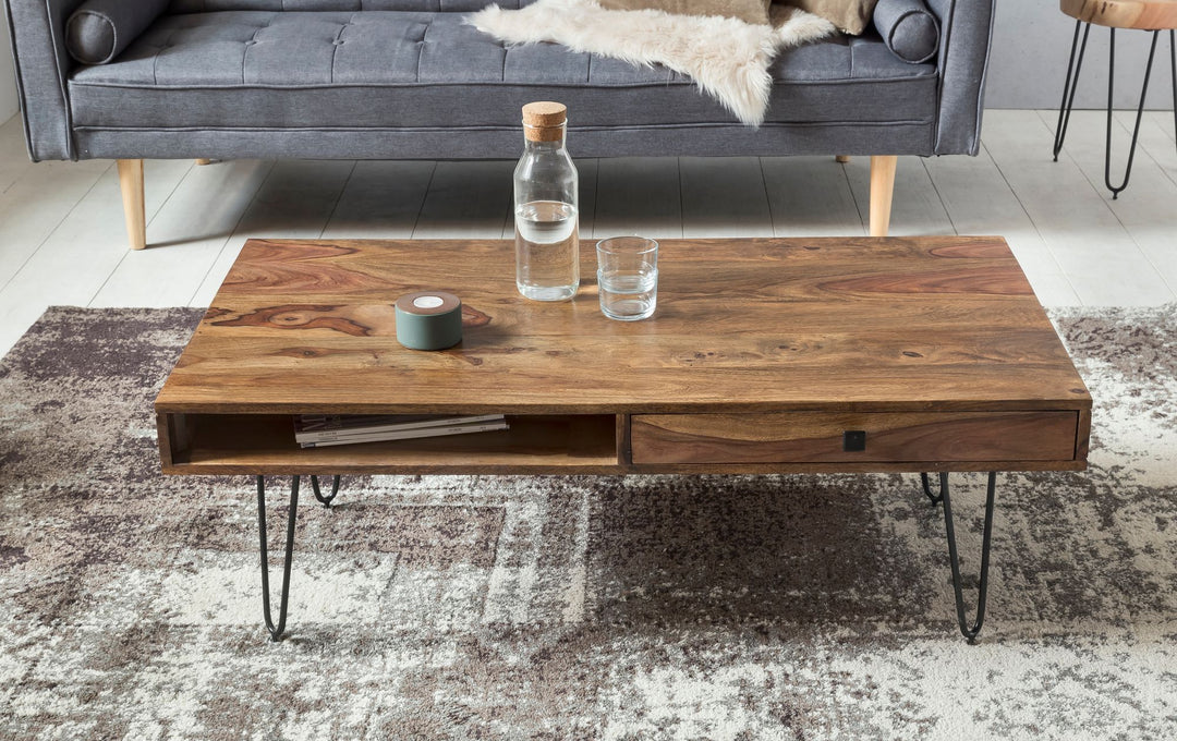 Couchtisch BALU mit Schubfächern_ 120x60x43 cm_ Sheesham Massivholz_ Metallfüße_ leichter Aufbau - KADIMA DESIGN_Farbe_ Braun_ Größe_ 110x60x40 cm_