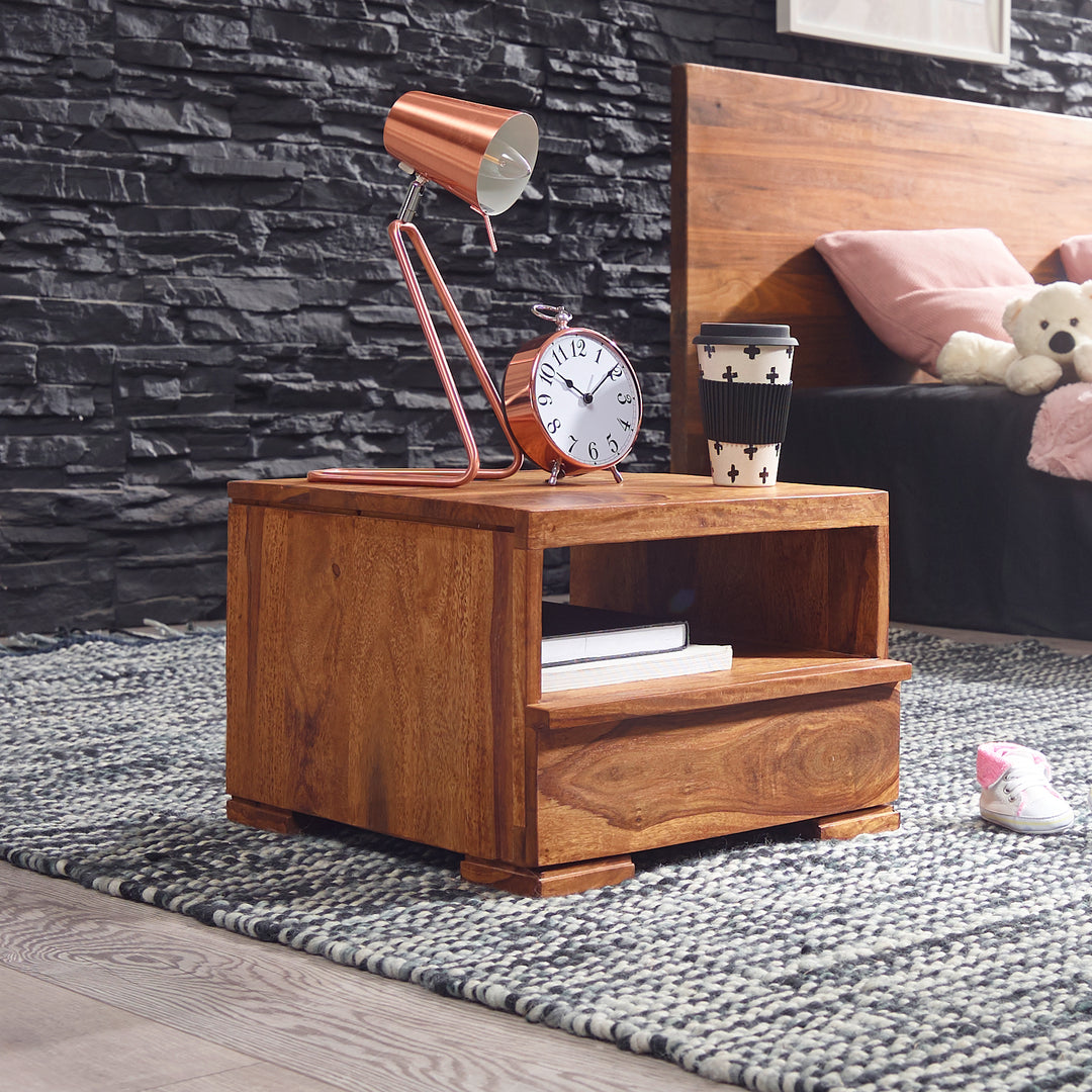 Nachtkonsole NAKO Massivholz_ Schublade_ Ablage_ Landhausstil_ pflegeleicht_ montiert geliefert - KADIMA DESIGN_Farbe_ Braun_ Größe_ 40x40x30 cm_