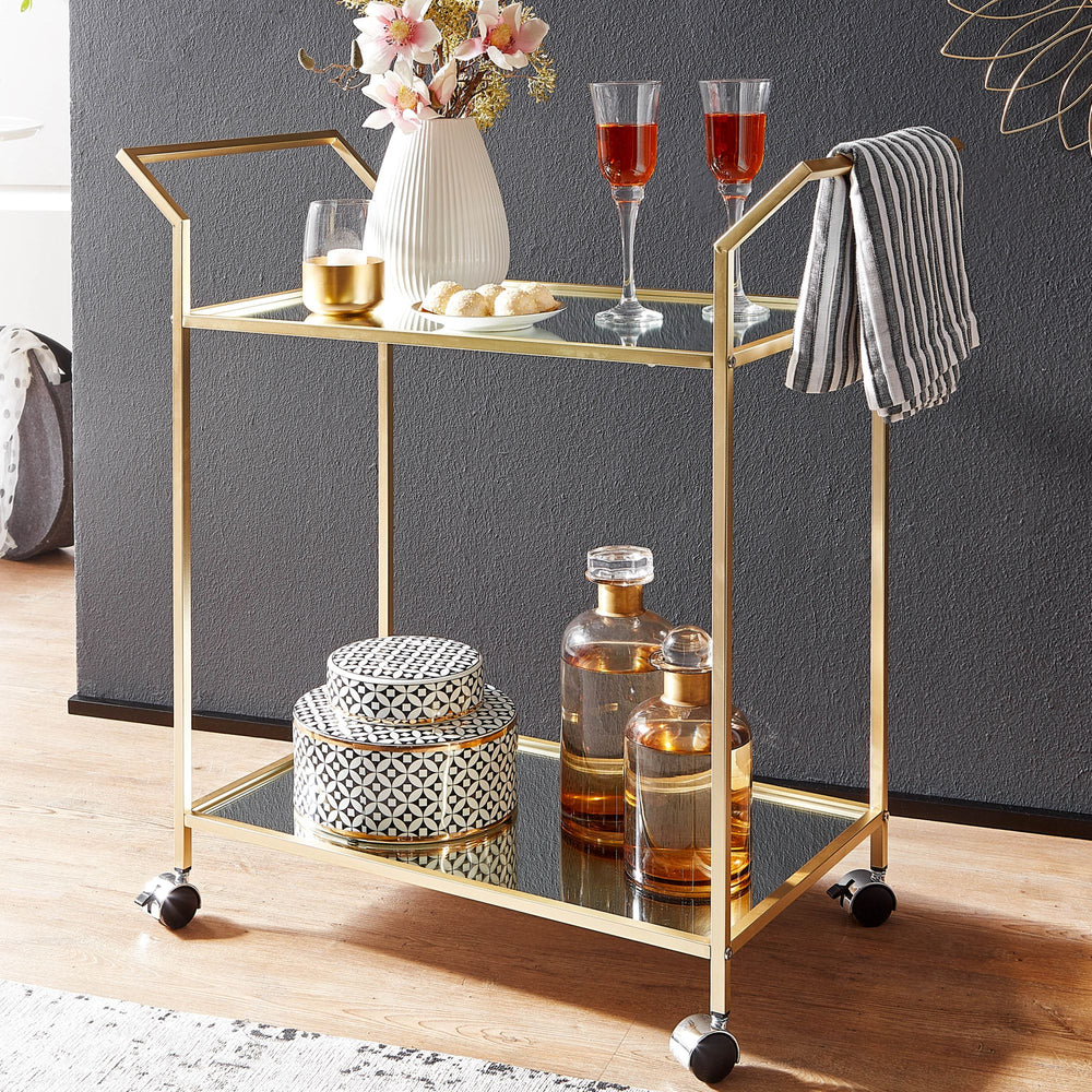 Servierwagen in Gold_ Beistelltisch_ Rollen_ Verspiegelte Ablageflächen - KADIMA DESIGN_Größe_ 73x37x78 cm_