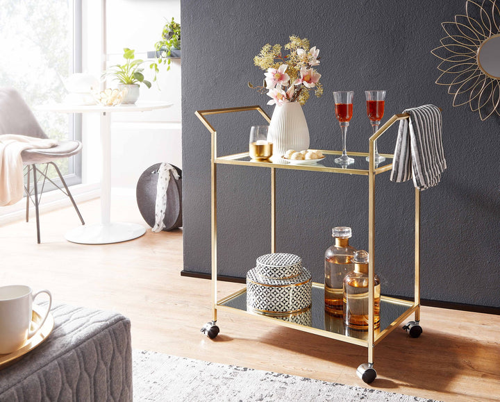 Servierwagen in Gold_ Beistelltisch_ Rollen_ Verspiegelte Ablageflächen - KADIMA DESIGN_Größe_ 73x37x78 cm_