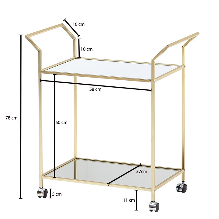 Servierwagen in Gold_ Beistelltisch_ Rollen_ Verspiegelte Ablageflächen - KADIMA DESIGN_Größe_ 73x37x78 cm_