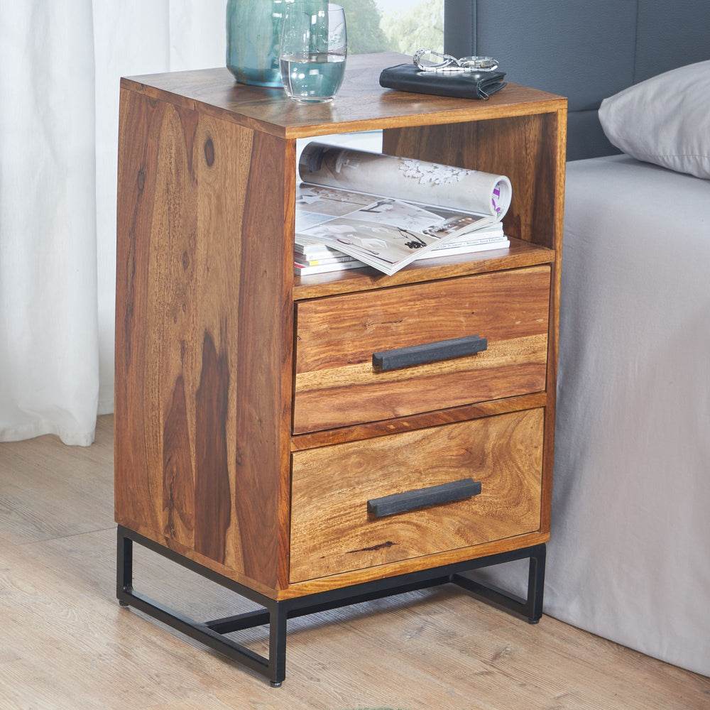 Moderne Nachtkommode im Industrial-Style_ Massivholz- und Metall-Design_ für Boxspringbetten - KADIMA DESIGN_Größe_ 40x35x66 cm_
