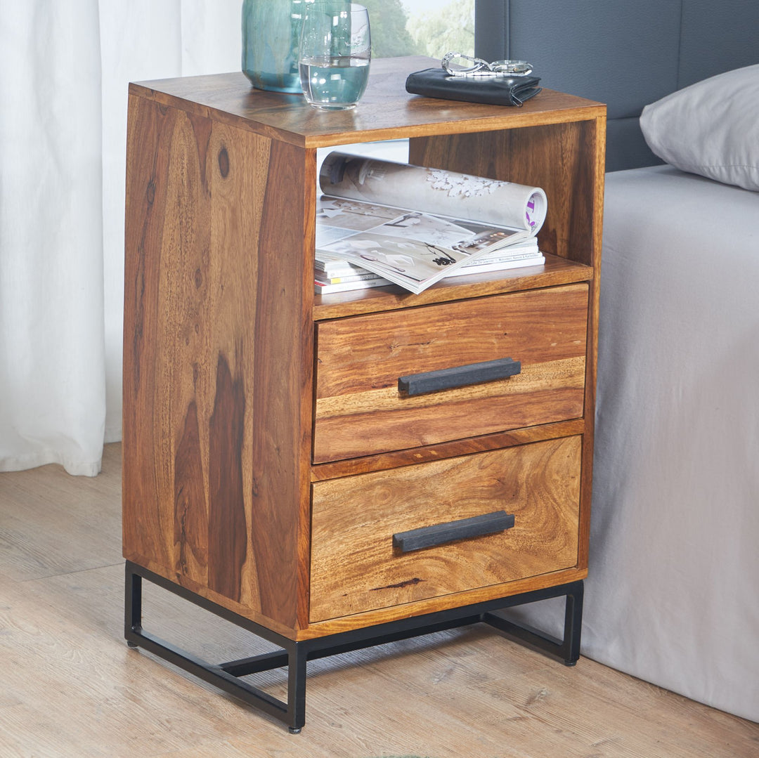Moderne Nachtkommode im Industrial-Style_ Massivholz- und Metall-Design_ für Boxspringbetten - KADIMA DESIGN_Größe_ 40x35x66 cm_