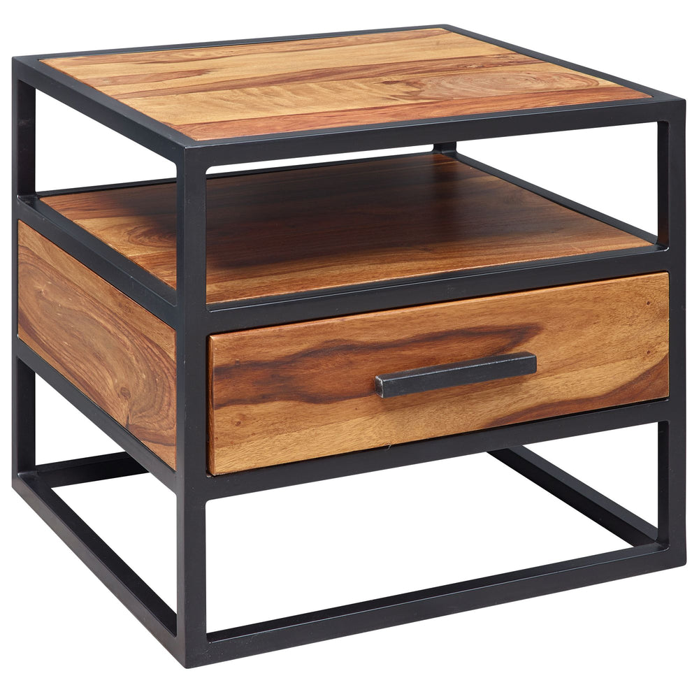 Massiver Sheesham-Holz Nachttisch_ Stilvolle Industrie-Optik_ Stauraum_ robustes Stahlgestell - KADIMA DESIGN_Größe_ 50x45x45 cm_