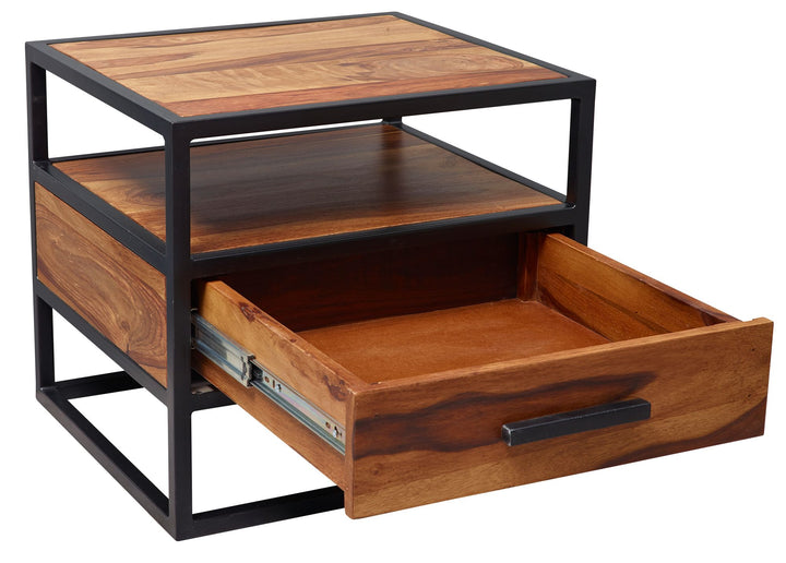 Massiver Sheesham-Holz Nachttisch_ Stilvolle Industrie-Optik_ Stauraum_ robustes Stahlgestell - KADIMA DESIGN_Größe_ 50x45x45 cm_