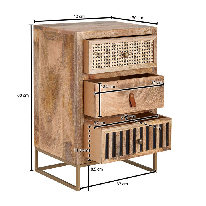 Industrial Nachttisch_ Mango Massivholz/Rattan_ 3 Schubladen_ Boxspringbett-kompatibel - KADIMA DESIGN_Größe_ 40x30x60 cm_
