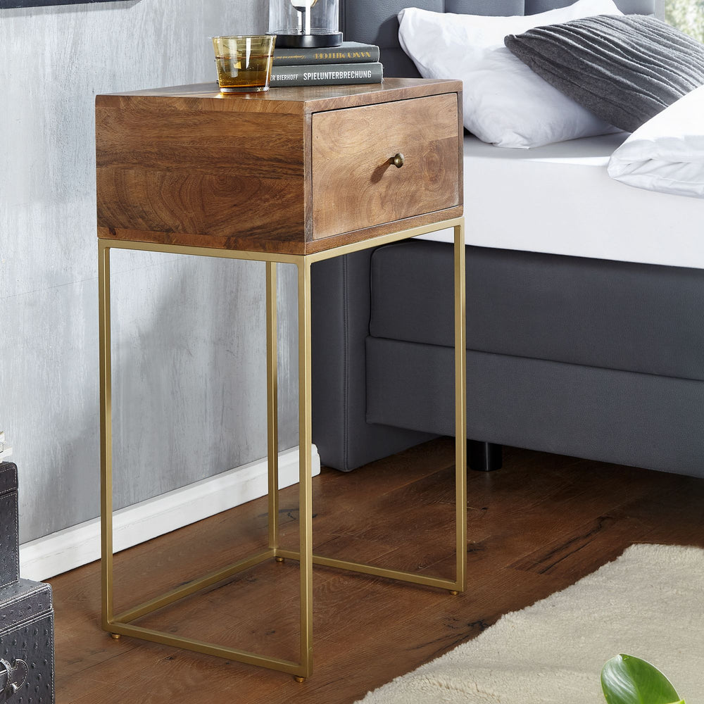 Nachttisch Mango Massivholz/Metall_ Industrial-Stil_ Boxspringbett-kompatibel_ Geräumige Schublade - KADIMA DESIGN_Größe_ 40x35x75 cm_