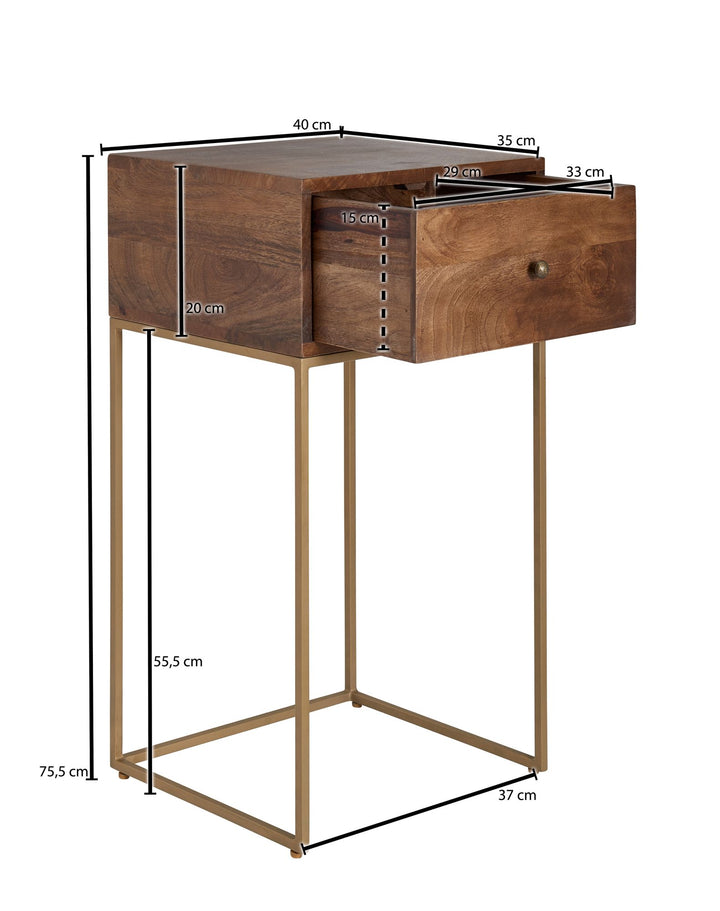 Nachttisch Mango Massivholz/Metall_ Industrial-Stil_ Boxspringbett-kompatibel_ Geräumige Schublade - KADIMA DESIGN_Größe_ 40x35x75 cm_