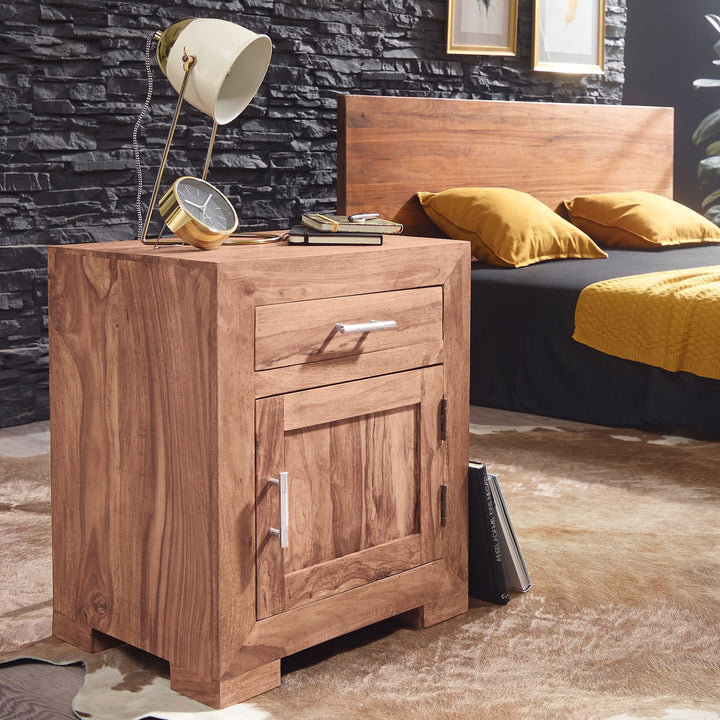 Massivholz Nachtschrank_ Landhausstil_ 60 cm Höhe_ Schublade &amp;amp; Tür_ Sheesham-Holz - KADIMA DESIGN_Farbe_ Beige_ Größe_ 50x40x60 cm_
