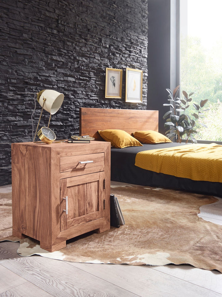 Massivholz Nachtschrank_ Landhausstil_ 60 cm Höhe_ Schublade &amp;amp; Tür_ Sheesham-Holz - KADIMA DESIGN_Farbe_ Beige_ Größe_ 50x40x60 cm_