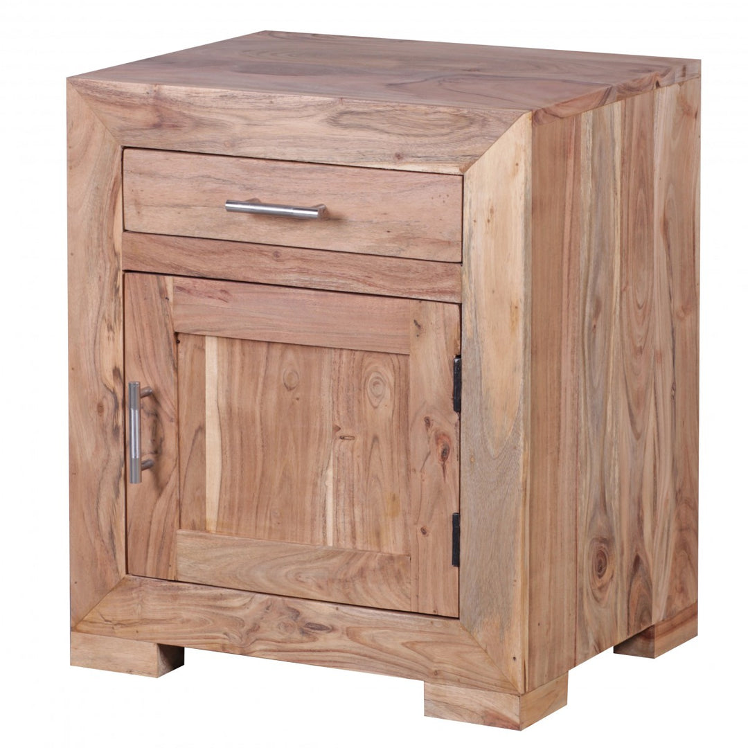 Massivholz Nachtschrank_ Landhausstil_ 60 cm Höhe_ Schublade &amp; Tür_ Sheesham-Holz - KADIMA DESIGN_Farbe_ Beige_ Größe_ 50x40x60 cm_