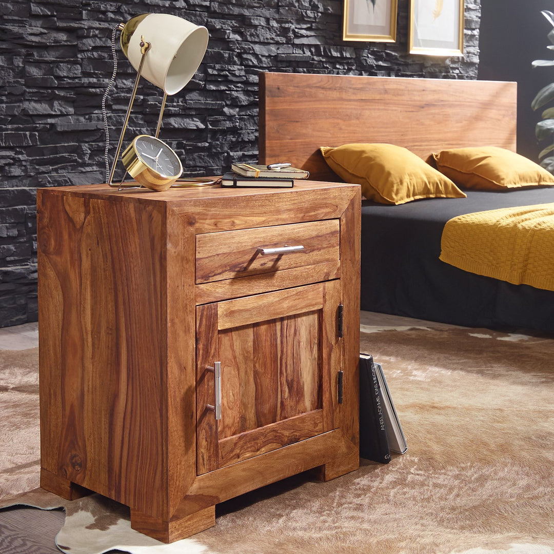 Massivholz Nachtschrank_ Landhausstil_ 60 cm Höhe_ Schublade &amp; Tür_ Sheesham-Holz - KADIMA DESIGN_Farbe_ Braun_ Größe_ 50x40x60 cm_