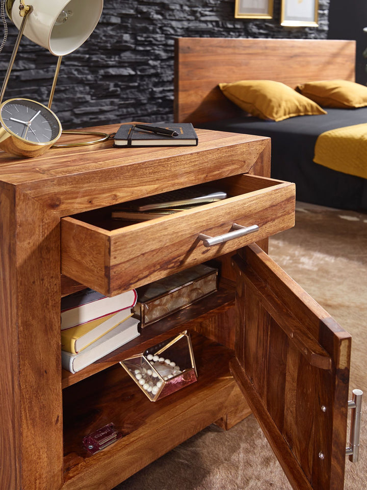 Massivholz Nachtschrank_ Landhausstil_ 60 cm Höhe_ Schublade &amp;amp; Tür_ Sheesham-Holz - KADIMA DESIGN_Farbe_ Braun_ Größe_ 50x40x60 cm_