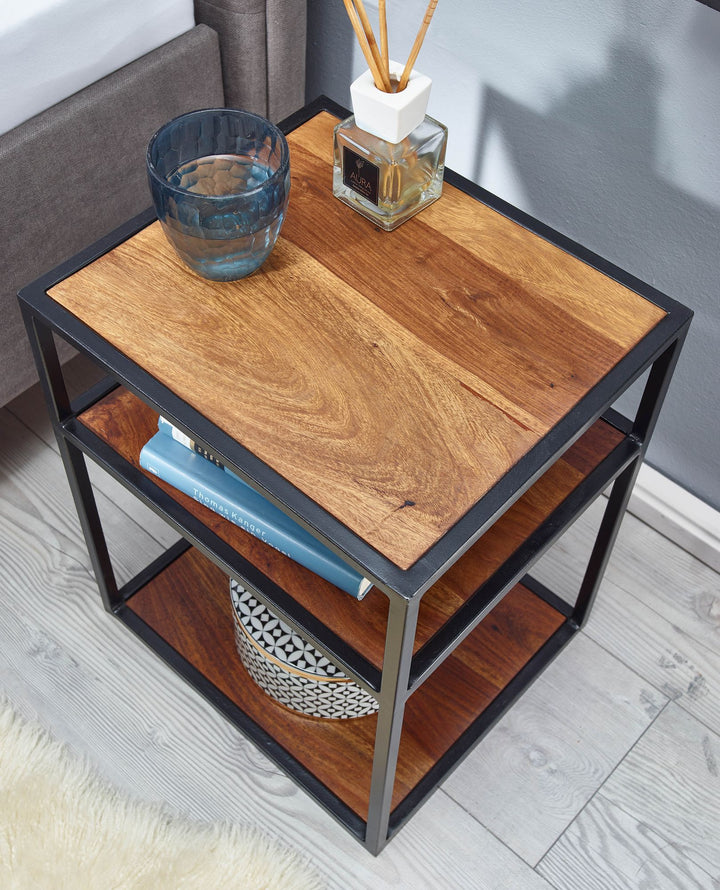 Massiver Sheesham-Holz Nachttisch_ Industrie-Stil_ 3 Ablagen_ 40x50x35 cm - KADIMA DESIGN_Größe_ 40x35x50 cm_