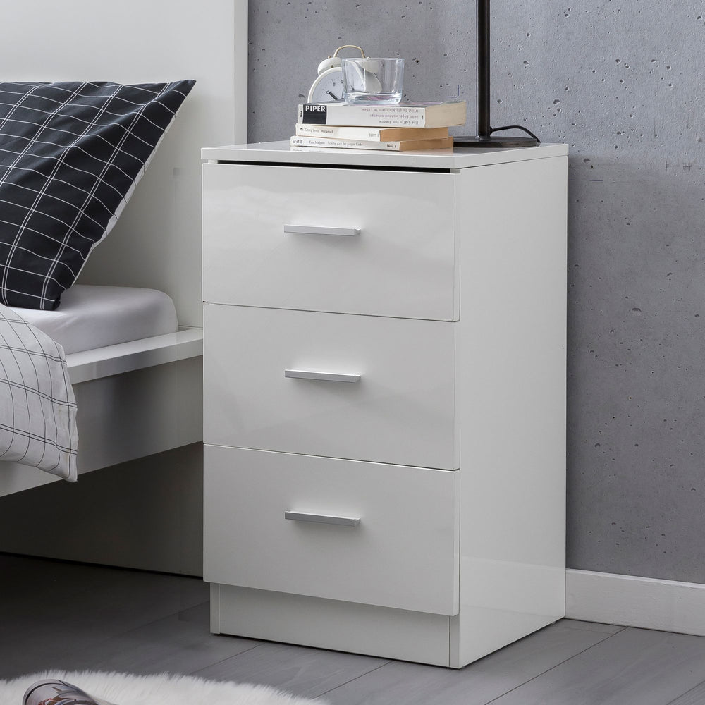 KADIMA DESIGN Moderne Hochglanz Nachtkonsole für Luxus Schlafzimmer - 3 Schubladen_ Robuste Bauweise_Weiß_#sku_BARWL5.868#