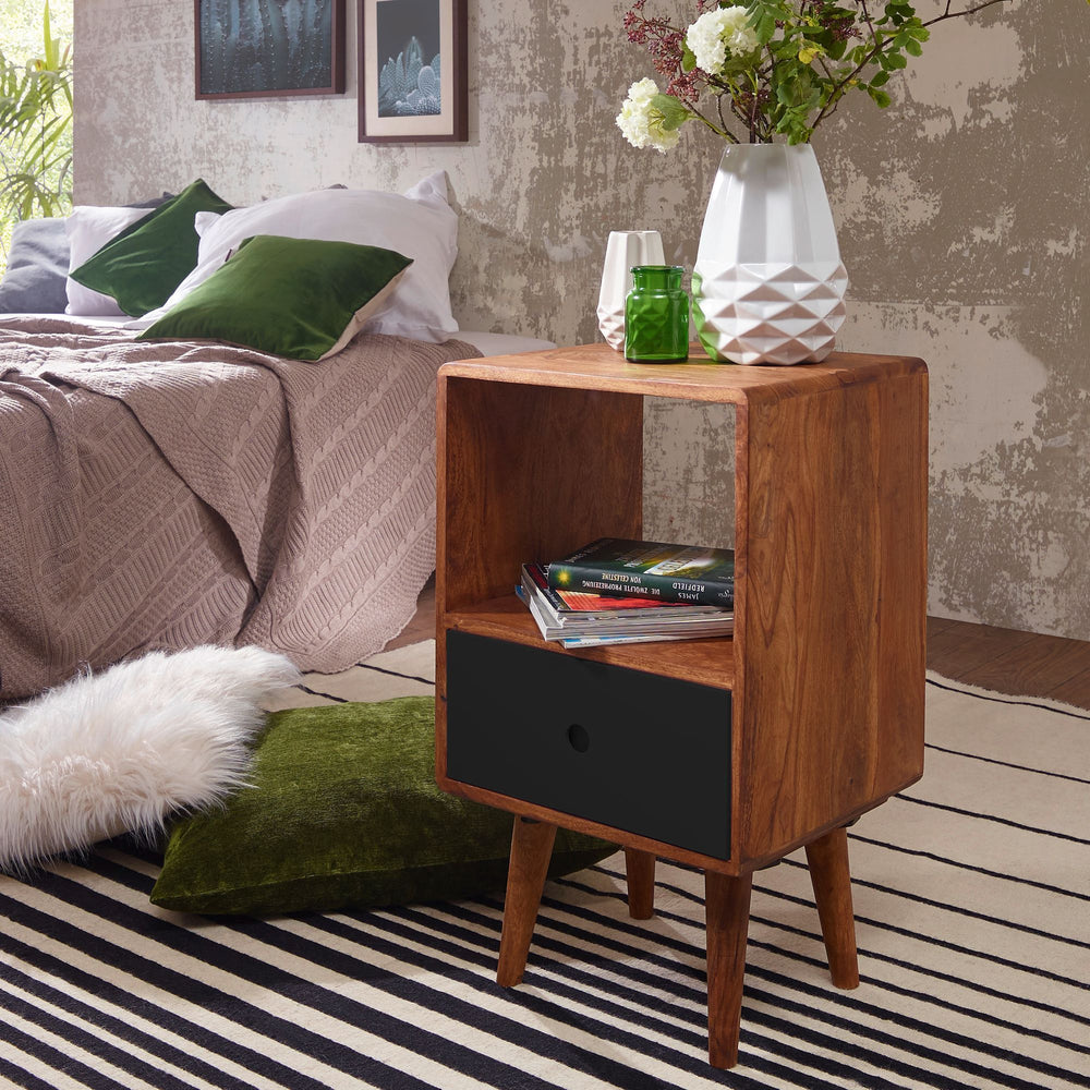 Retro Nachttisch aus Sheesham-Holz_ 70 cm - Für Boxspringbetten_ Vintage-Stil - KADIMA DESIGN_Größe_ 40x35x70 cm_