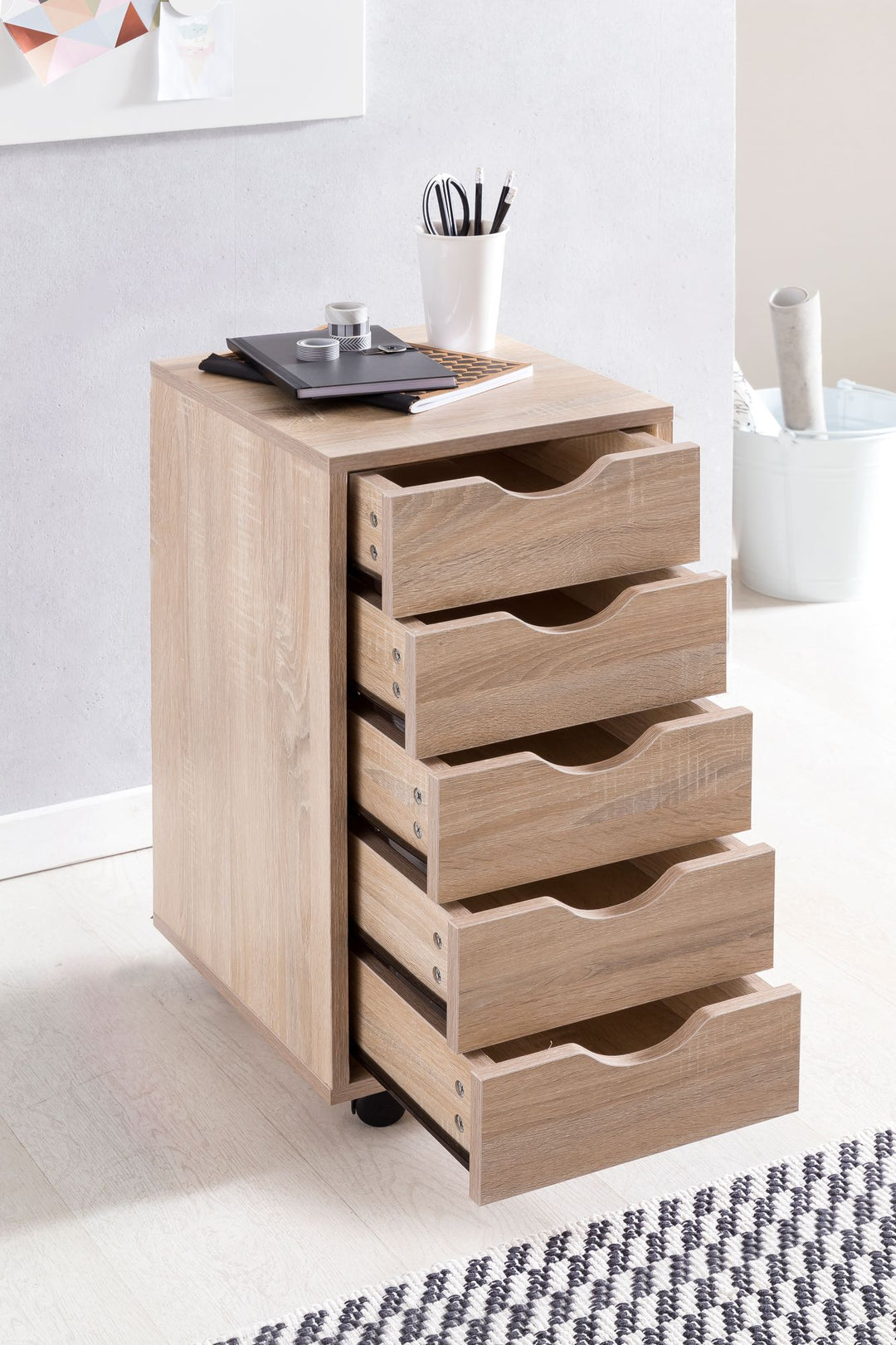 KADIMA DESIGN Rollcontainer 5 Schubladen - Stilvoller Stauraum aus MDF-Holz für Büro und Wohnzimmer_Beige_#sku_BARWL5.174#