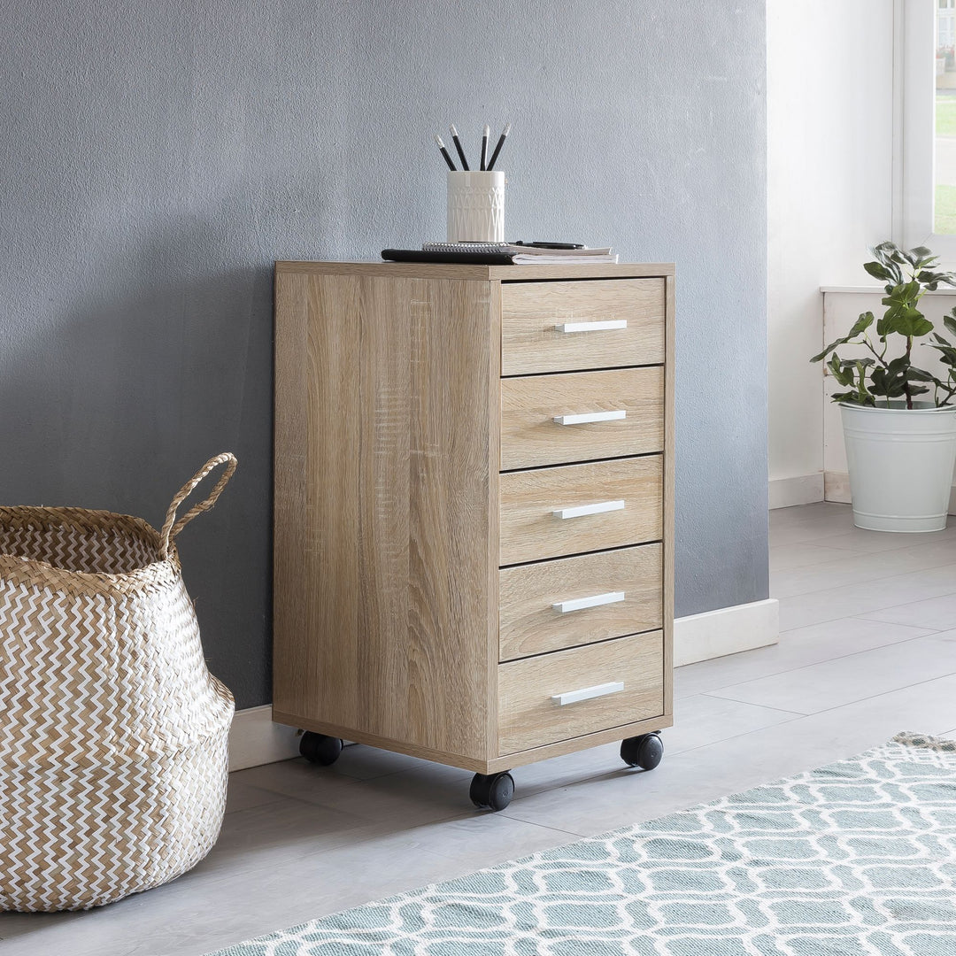 Schubladenschrank ITTER Holz_ 5 Schubladen_ Rollen_ melaminharzbeschichtet - KADIMA DESIGN_Farbe_ Beige_ Größe_ 33x38x63 cm_