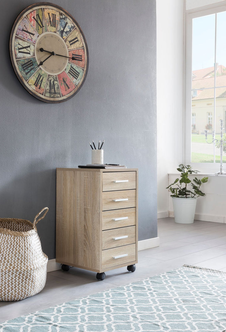 Schubladenschrank ITTER Holz_ 5 Schubladen_ Rollen_ melaminharzbeschichtet - KADIMA DESIGN_Farbe_ Beige_ Größe_ 33x38x63 cm_