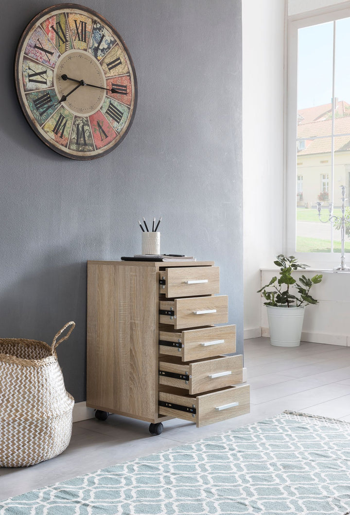 Schubladenschrank ITTER Holz_ 5 Schubladen_ Rollen_ melaminharzbeschichtet - KADIMA DESIGN_Farbe_ Beige_ Größe_ 33x38x63 cm_