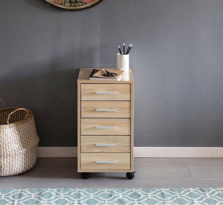 Schubladenschrank ITTER Holz_ 5 Schubladen_ Rollen_ melaminharzbeschichtet - KADIMA DESIGN_Farbe_ Beige_ Größe_ 33x38x63 cm_