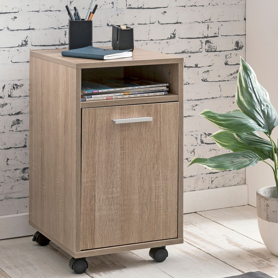 Rollcontainer OSSOLA_ Weiß/Sonoma_ 2 Türfächer_ Ablagefach_ Rollen mit Bremsen_ Melaminharz-Beschichtung_ einfacher Aufbau - KADIMA DESIGN_Farbe_ Beige_ Größe_ 33x38x60 cm_