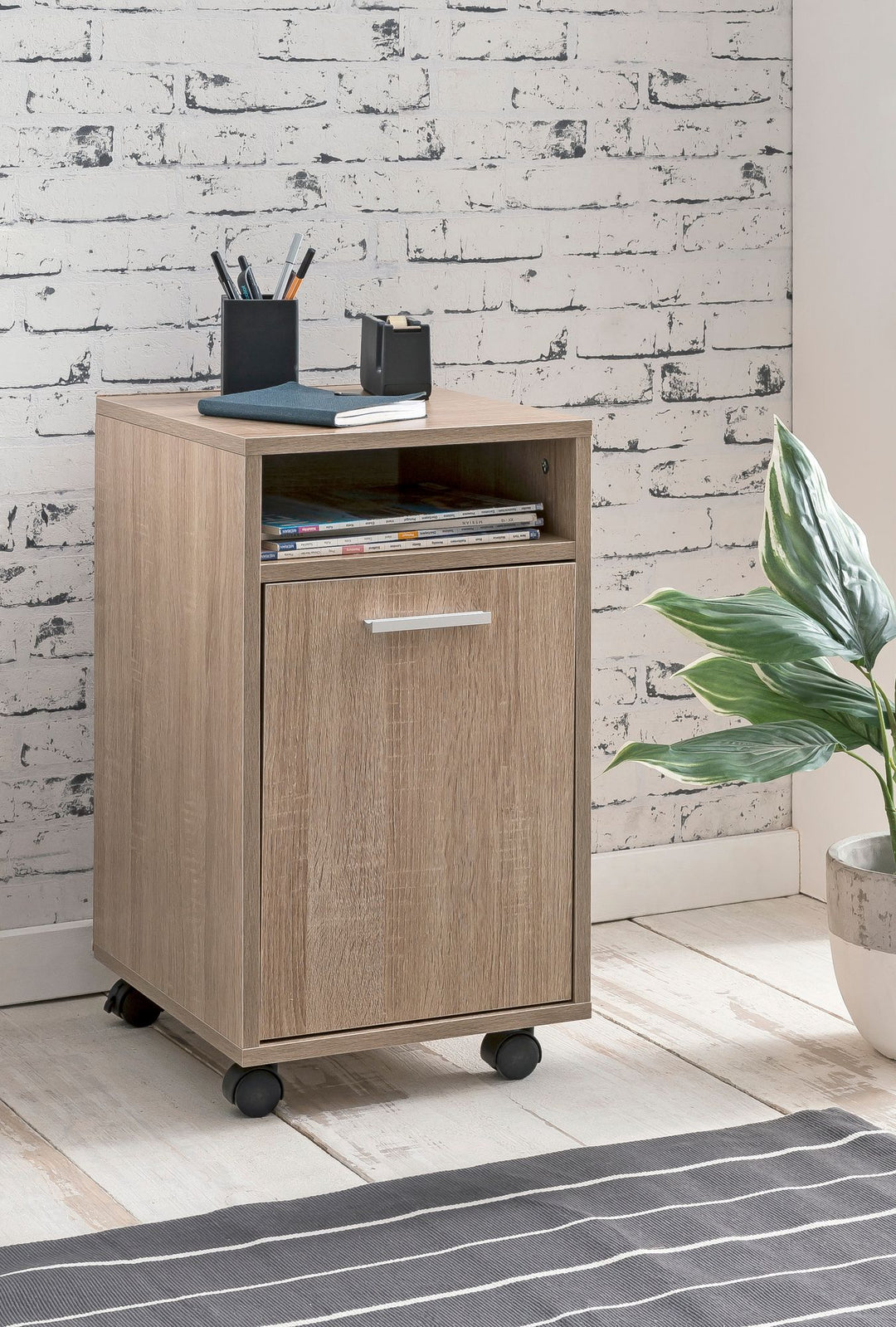 Rollcontainer OSSOLA_ Weiß/Sonoma_ 2 Türfächer_ Ablagefach_ Rollen mit Bremsen_ Melaminharz-Beschichtung_ einfacher Aufbau - KADIMA DESIGN_Farbe_ Beige_ Größe_ 33x38x60 cm_
