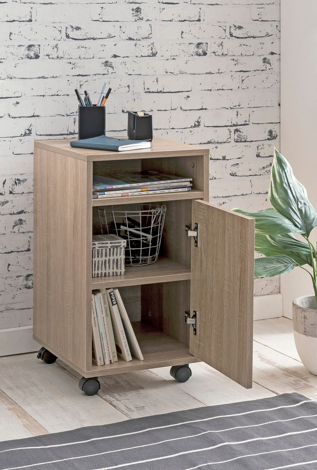 Rollcontainer OSSOLA_ Weiß/Sonoma_ 2 Türfächer_ Ablagefach_ Rollen mit Bremsen_ Melaminharz-Beschichtung_ einfacher Aufbau - KADIMA DESIGN_Farbe_ Beige_ Größe_ 33x38x60 cm_
