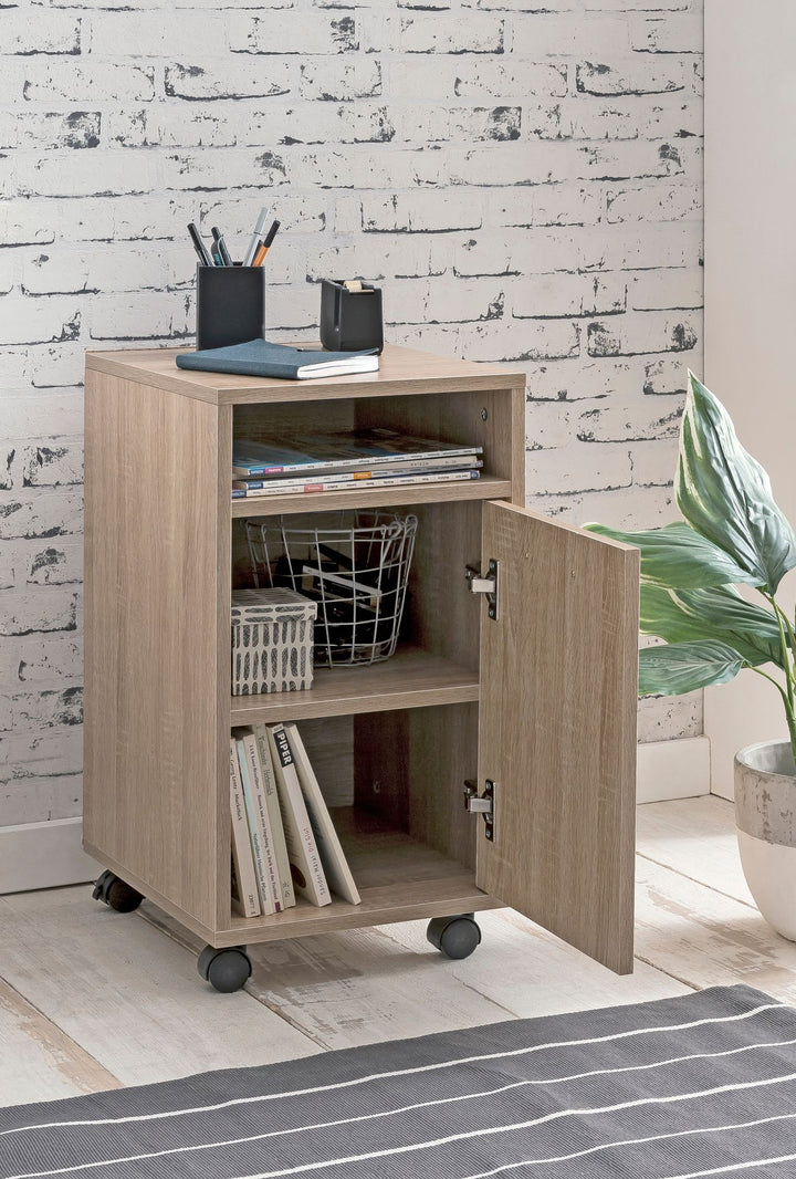 Rollcontainer OSSOLA_ Weiß/Sonoma_ 2 Türfächer_ Ablagefach_ Rollen mit Bremsen_ Melaminharz-Beschichtung_ einfacher Aufbau - KADIMA DESIGN_Farbe_ Beige_ Größe_ 33x38x60 cm_