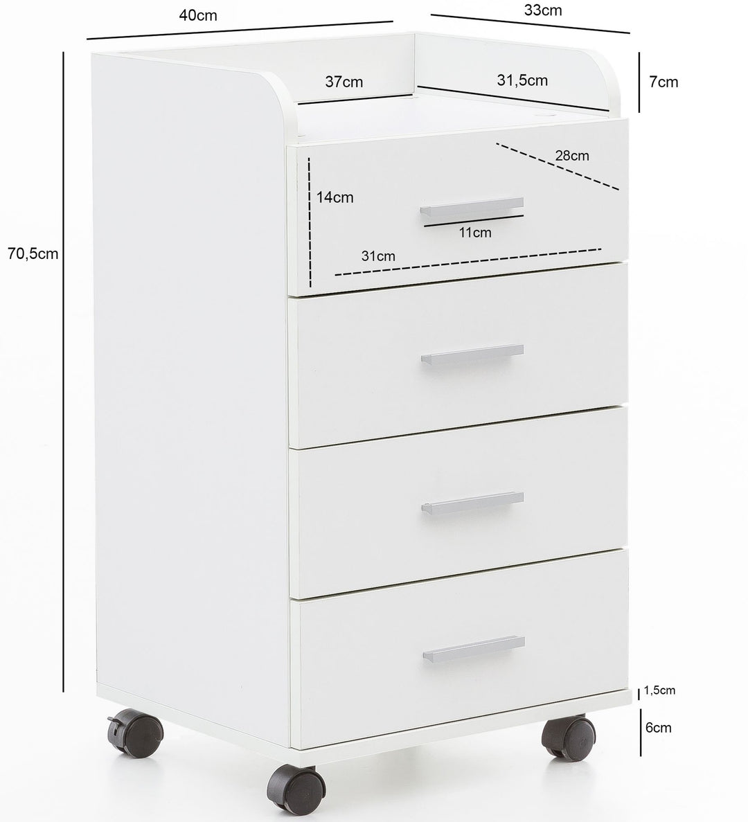 Rollcontainer ISONZO_ 4 Schubladen_ Ablagefläche_ Rollen_ Melaminharz-Beschichtung_ flexibel und mobil - KADIMA DESIGN_Farbe_ Weiß_ Größe_ 40x33x71 cm_