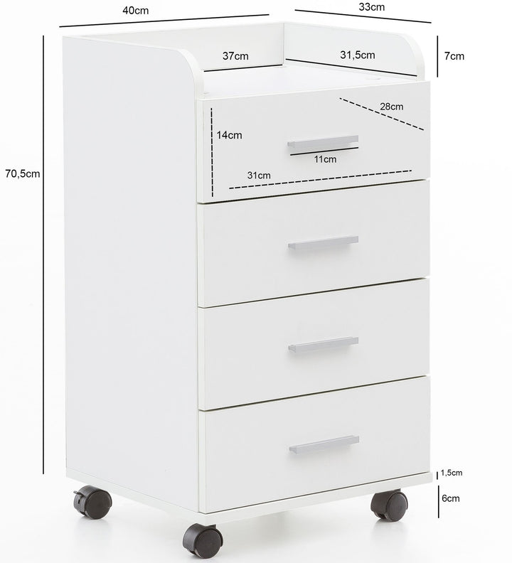 Rollcontainer ISONZO_ 4 Schubladen_ Ablagefläche_ Rollen_ Melaminharz-Beschichtung_ flexibel und mobil - KADIMA DESIGN_Farbe_ Weiß_ Größe_ 40x33x71 cm_