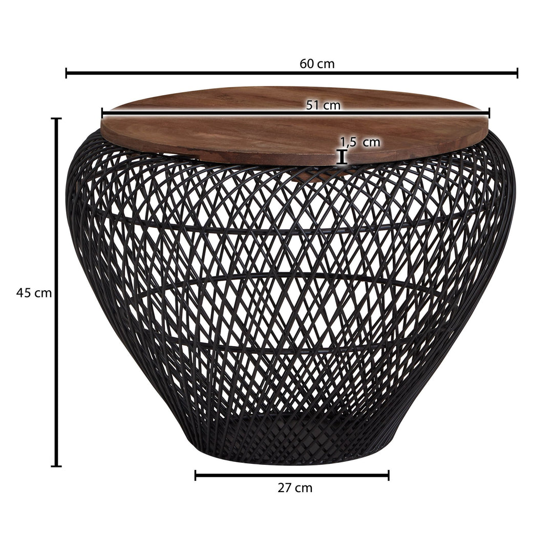 Runder Couchtisch mit Stauraum_ Holz- und Metallgestell_ innenliegender Stauraum_ recyceltes Mango-Massivholz_ 15 kg Belastbarkeit - KADIMA DESIGN_Farbe_ Schwarz_ Größe_ 60x60x45 cm_