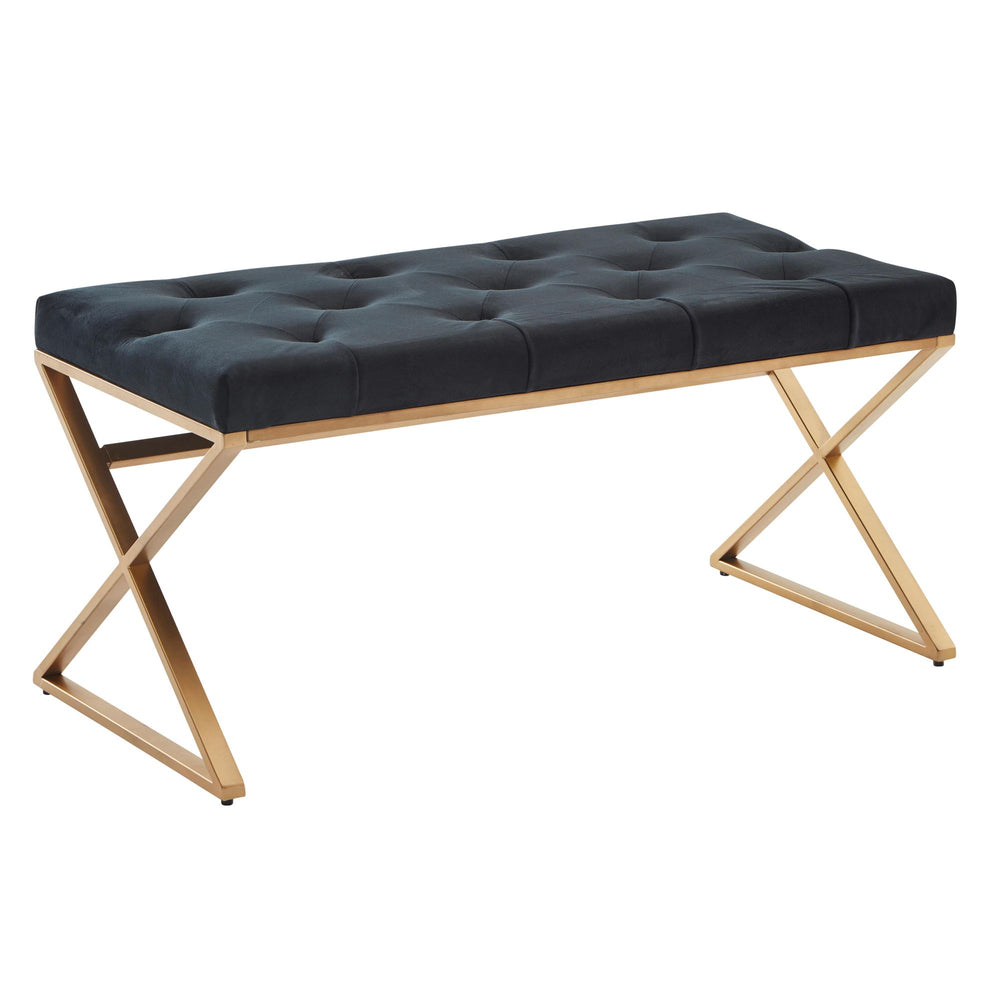 Samt Sitzbank im Chesterfield-Stil_ Schwarz_ robustes goldfarbenes Metallgestell_ üppige Sitzfläche - KADIMA DESIGN_Größe_ 90x44x46 cm_