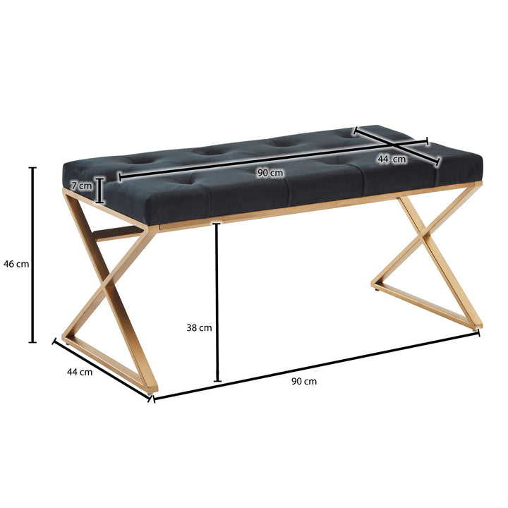 Samt Sitzbank im Chesterfield-Stil_ Schwarz_ robustes goldfarbenes Metallgestell_ üppige Sitzfläche - KADIMA DESIGN_Größe_ 90x44x46 cm_