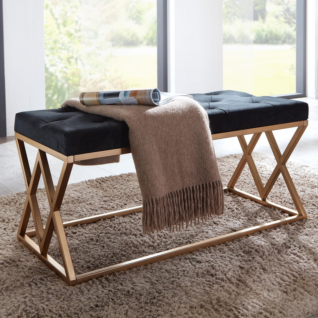 Elegante Samt Polsterbank_ Chesterfieldmuster_ goldenes Metallgestell_ 90 cm Breite_ kompakt und vielseitig - KADIMA DESIGN_Größe_ 90x44x46 cm_
