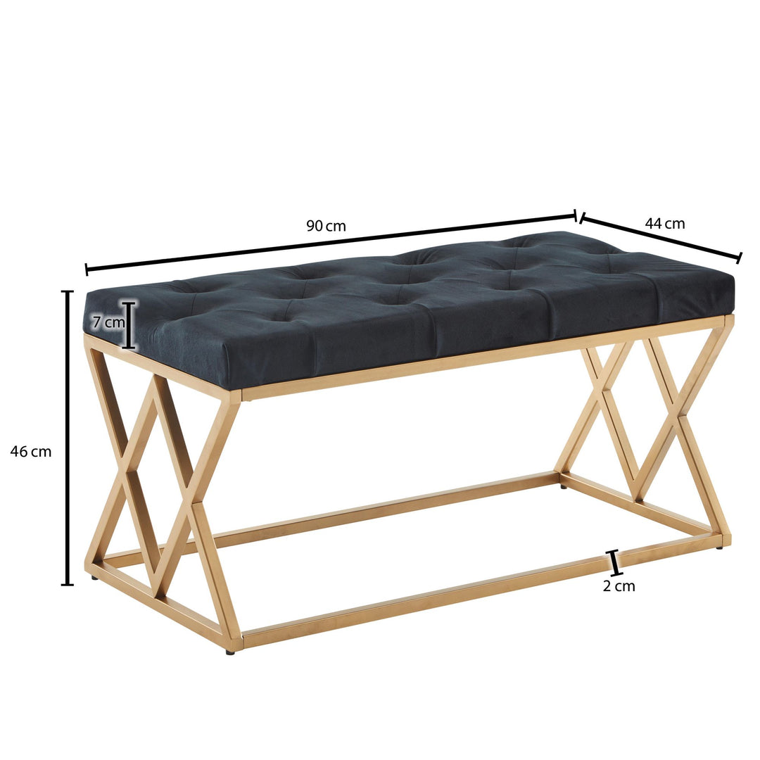 Elegante Samt Polsterbank_ Chesterfieldmuster_ goldenes Metallgestell_ 90 cm Breite_ kompakt und vielseitig - KADIMA DESIGN_Größe_ 90x44x46 cm_