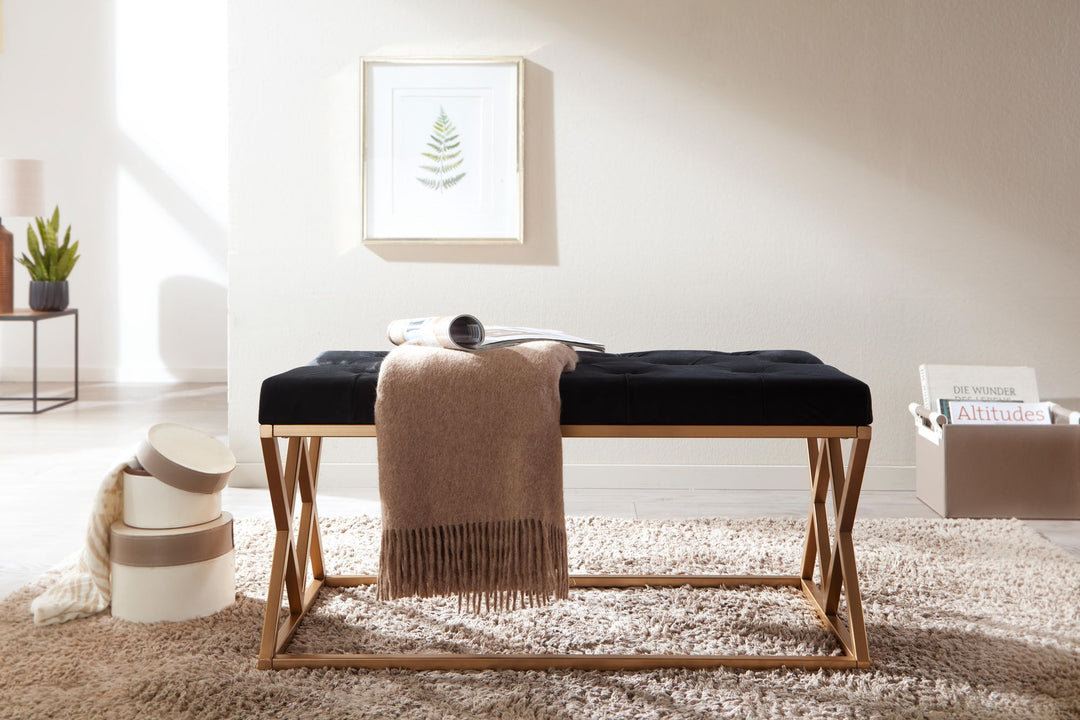 Elegante Samt Polsterbank_ Chesterfieldmuster_ goldenes Metallgestell_ 90 cm Breite_ kompakt und vielseitig - KADIMA DESIGN_Größe_ 90x44x46 cm_