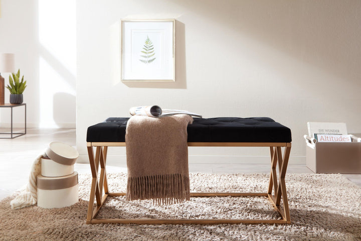 Elegante Samt Polsterbank_ Chesterfieldmuster_ goldenes Metallgestell_ 90 cm Breite_ kompakt und vielseitig - KADIMA DESIGN_Größe_ 90x44x46 cm_